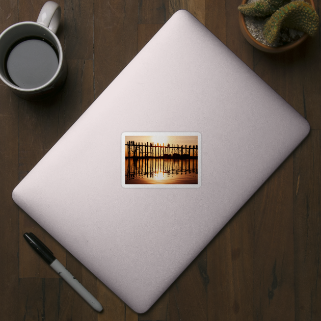 Silhouette of People on Long Wooden Bridge in Mandalay, Burma by visualspectrum